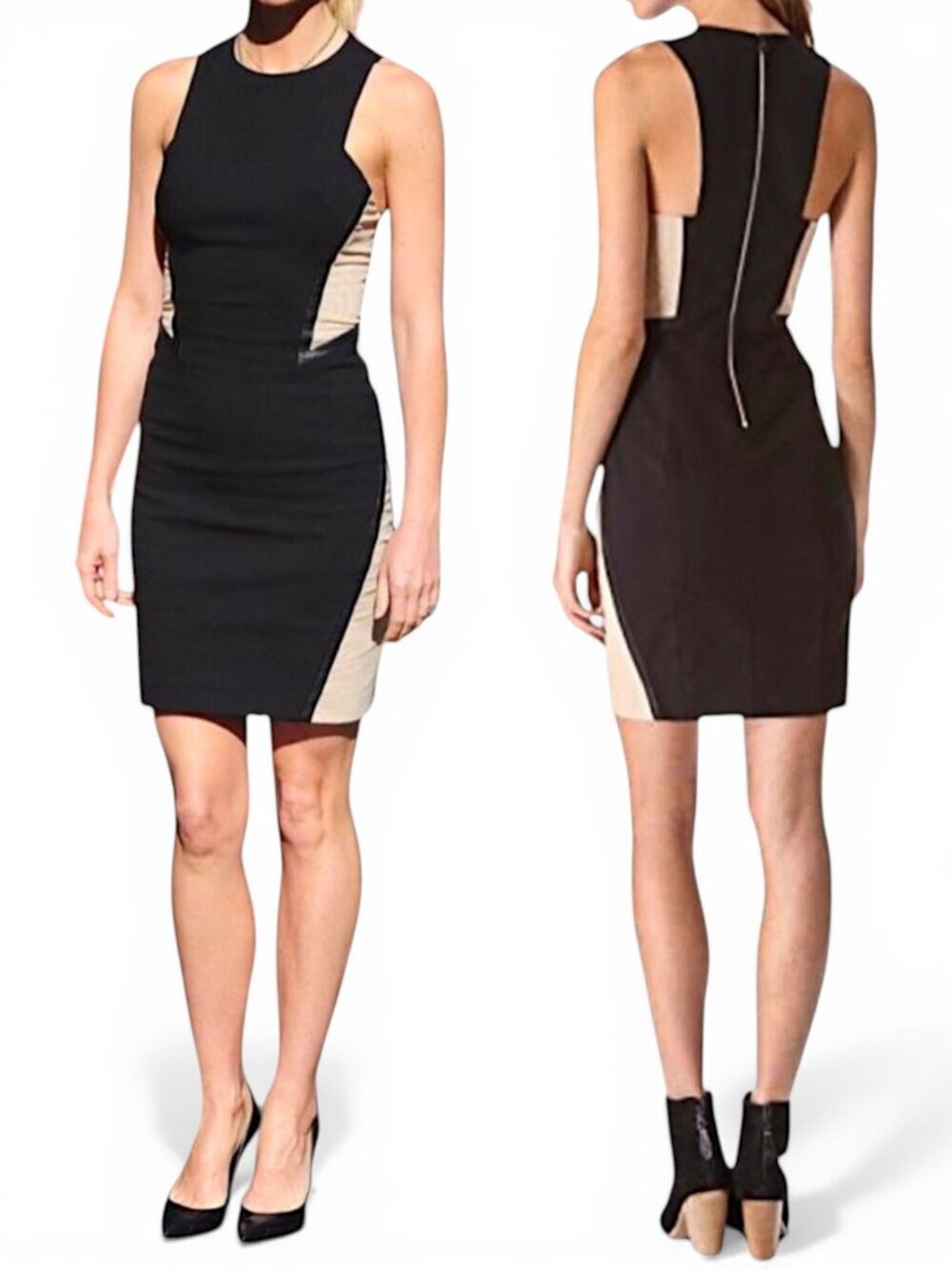 Rag & Bone Black Tan Leather Mesh Trim Bodycon Stretch Sheath Dress New NWT 0